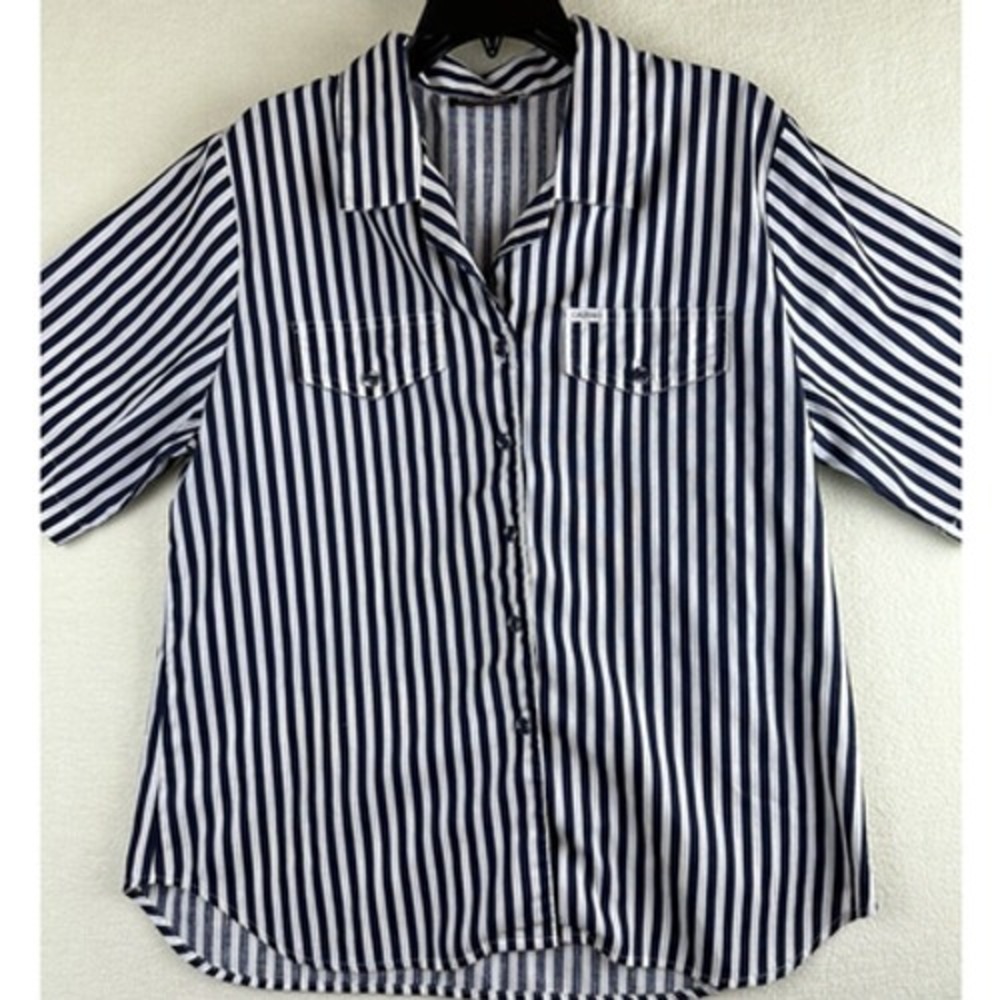 Cabrais Womens Top Size 12 XL Vintage 80s 90s Blue & White Striped Button-Up